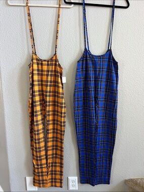 Dodo Plaid Spaghetti Strap Jumpsuits Yellow and Blue Set of 2 Size L